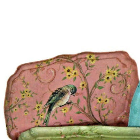 Vintage-Style Bird in Bush set of three decorative trays with bird and floral designs in blue, green and pink.