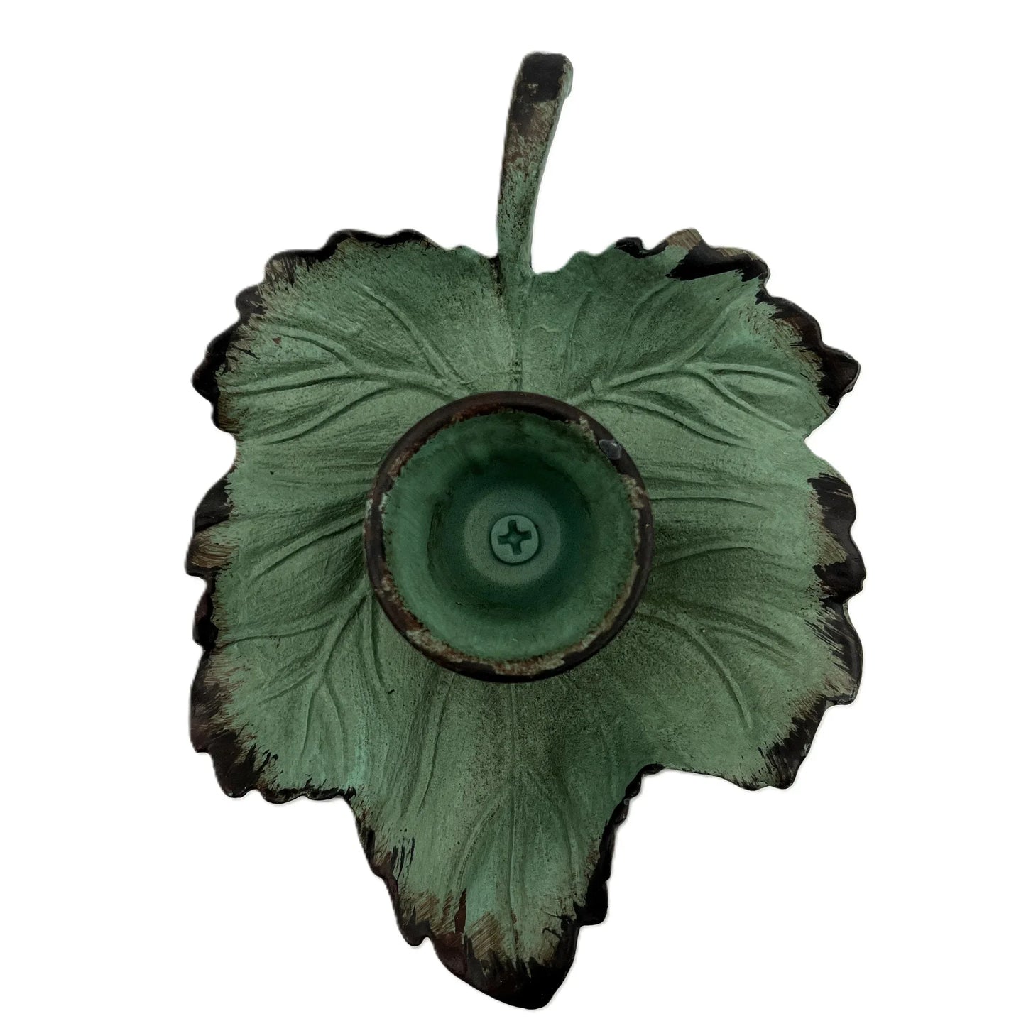 This is a Vintage-Inspired chamber stick candle holder. Made of metal this ivy leaf candle holder has a weathered, rustic, or distressed green patina finish with dark edges.