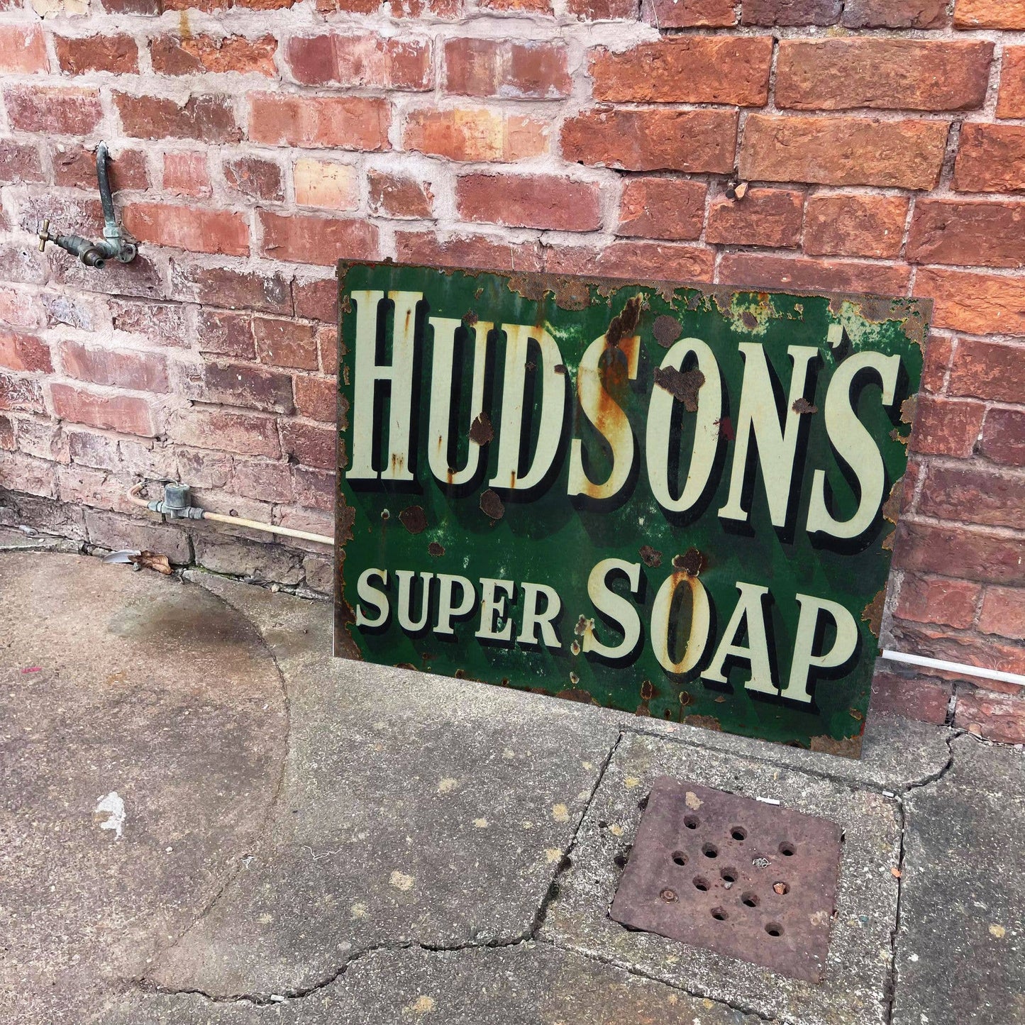 Vintage-Style 'Hudson's Super Soap' sign against a brick wall from Vintage Whippet