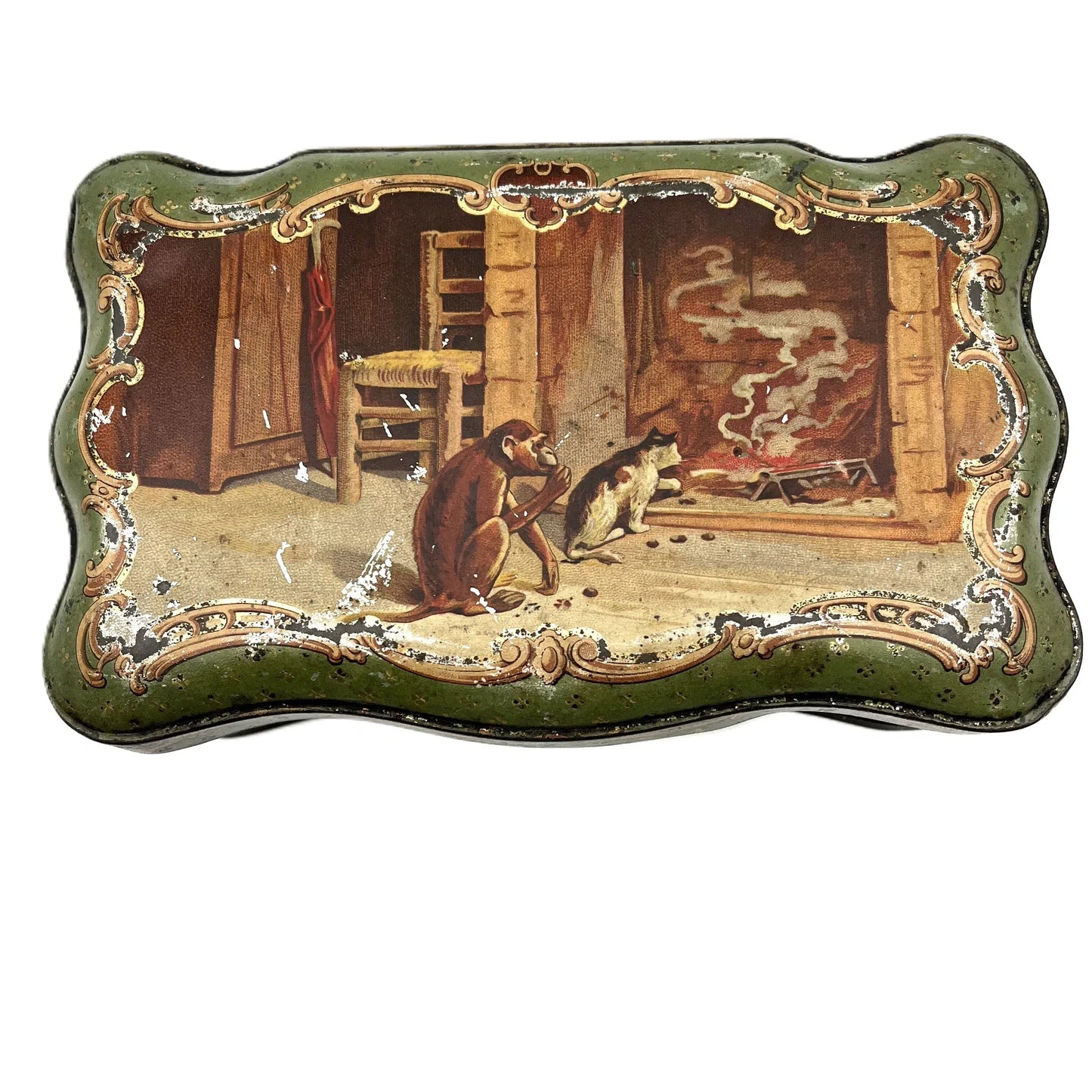 Vintage French Marrons Glaces Cholvy Privas Biscuit Tin, featuring an image illustrating Jean de la Fontaine's fable, "The Monkey and the Cat”