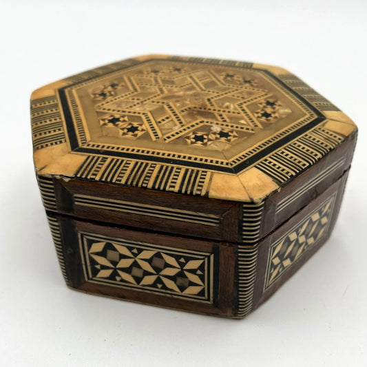 Vintage hexagonal mosaic box, crafted in the Middle East