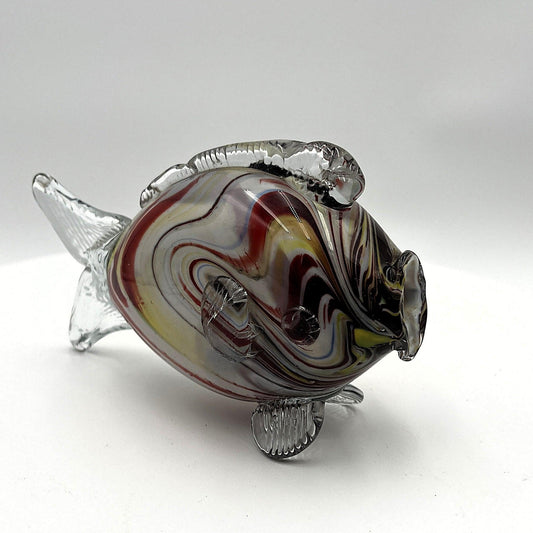 This is a pair of mid-century Spatter, End of Day, or marbled fish. They feature a colourful marbled design with clear glass fins.