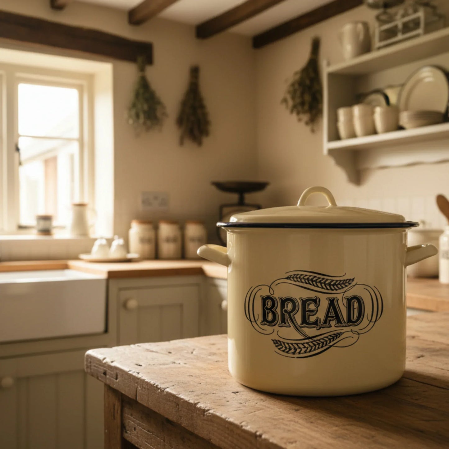vintage 1899 Tala large round lidded pastel yellow enamel bread bin