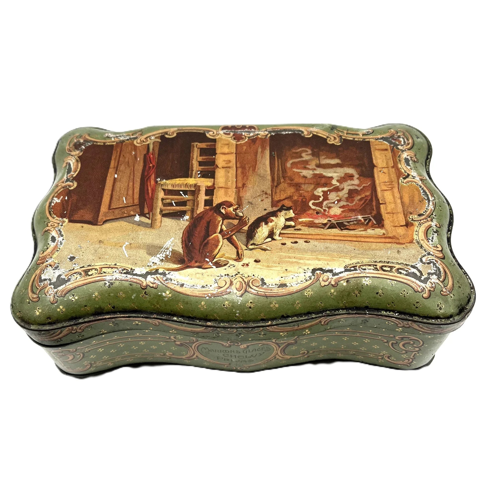 Vintage French Marrons Glaces Cholvy Privas Biscuit Tin, featuring an image illustrating Jean de la Fontaine's fable, "The Monkey and the Cat”