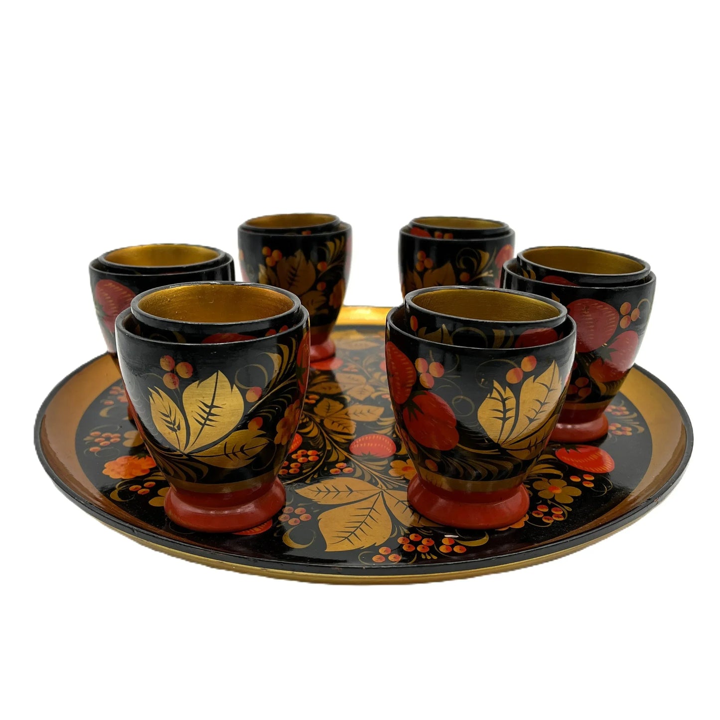 Vintage Russian Khokhloma Wooden Folk Art Cups and Tray Set