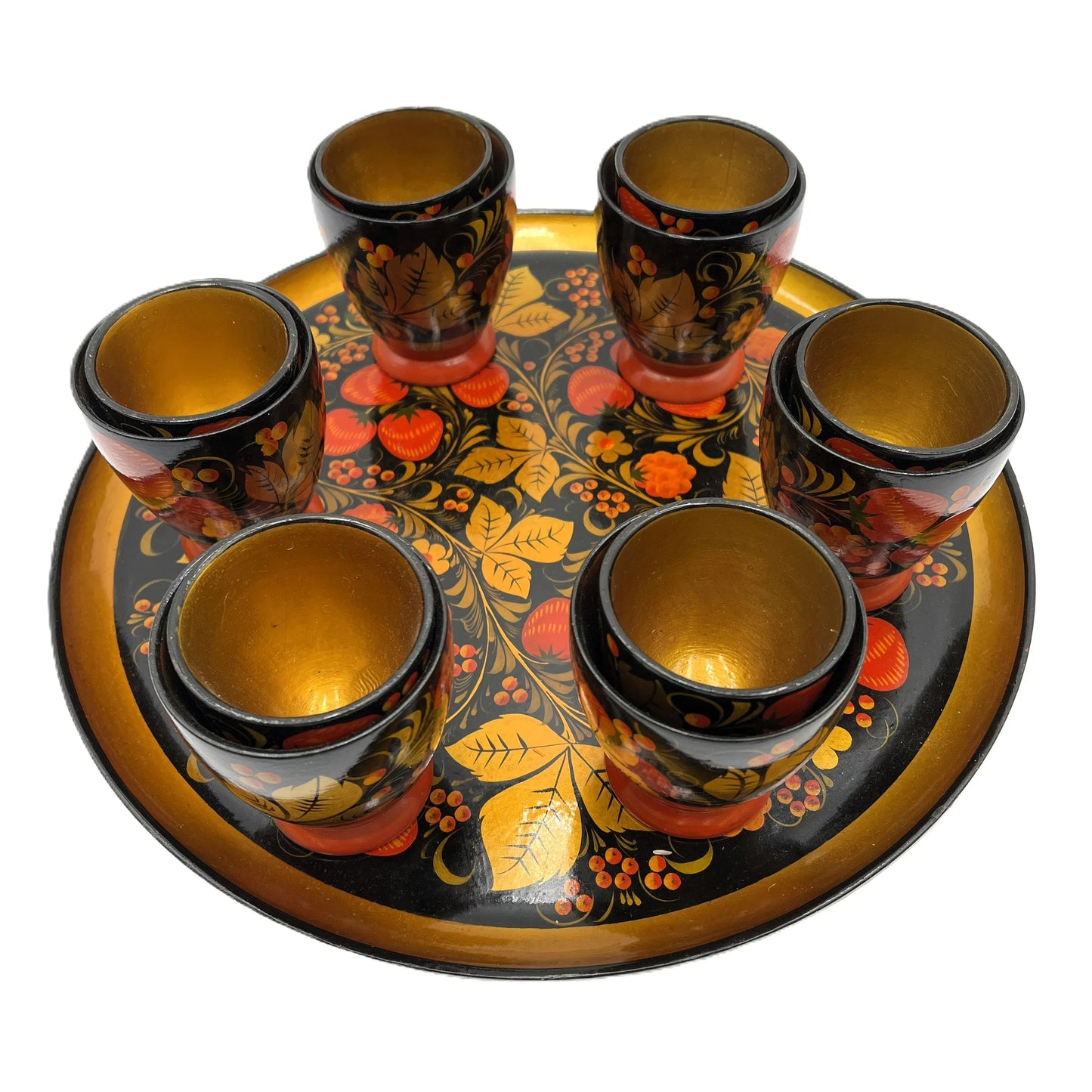 Vintage Russian Khokhloma Wooden Folk Art Cups and Tray Set