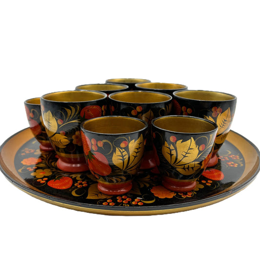 Vintage Russian Khokhloma Wooden Folk Art Cups and Tray Set