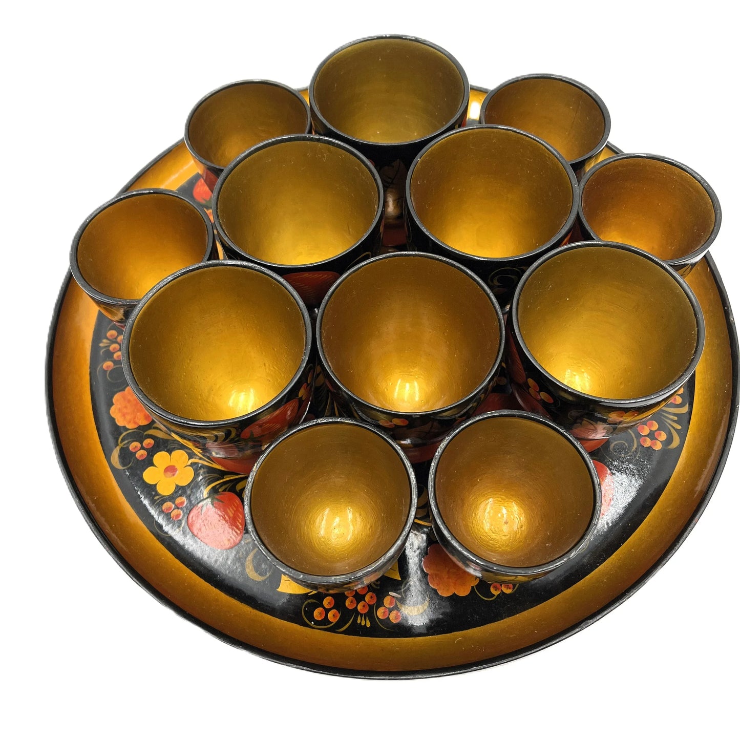 Vintage Russian Khokhloma Wooden Folk Art Cups and Tray Set
