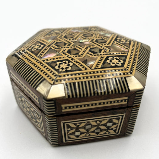 vintage hexagonal mosaic box, traditionally crafted in the Middle East with artisan techniques.