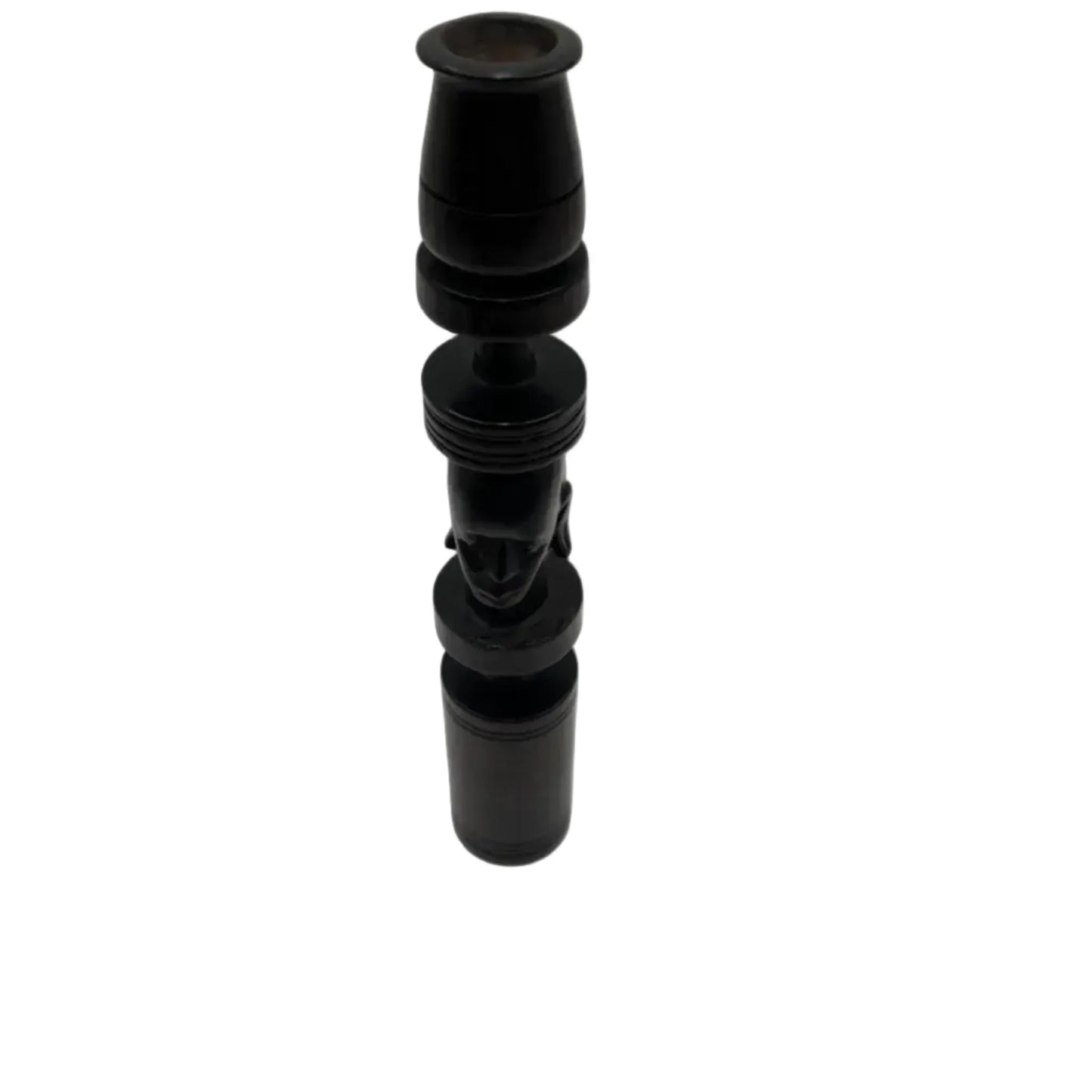 Pair of African black ebony candle holders with decorative carved elephant and face.