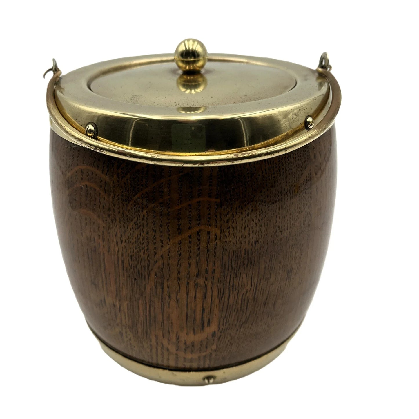 This is an Antique English Oak Biscuit Barrel, Tobacco Jar, or Ice Bucket with a porcelain liner, 