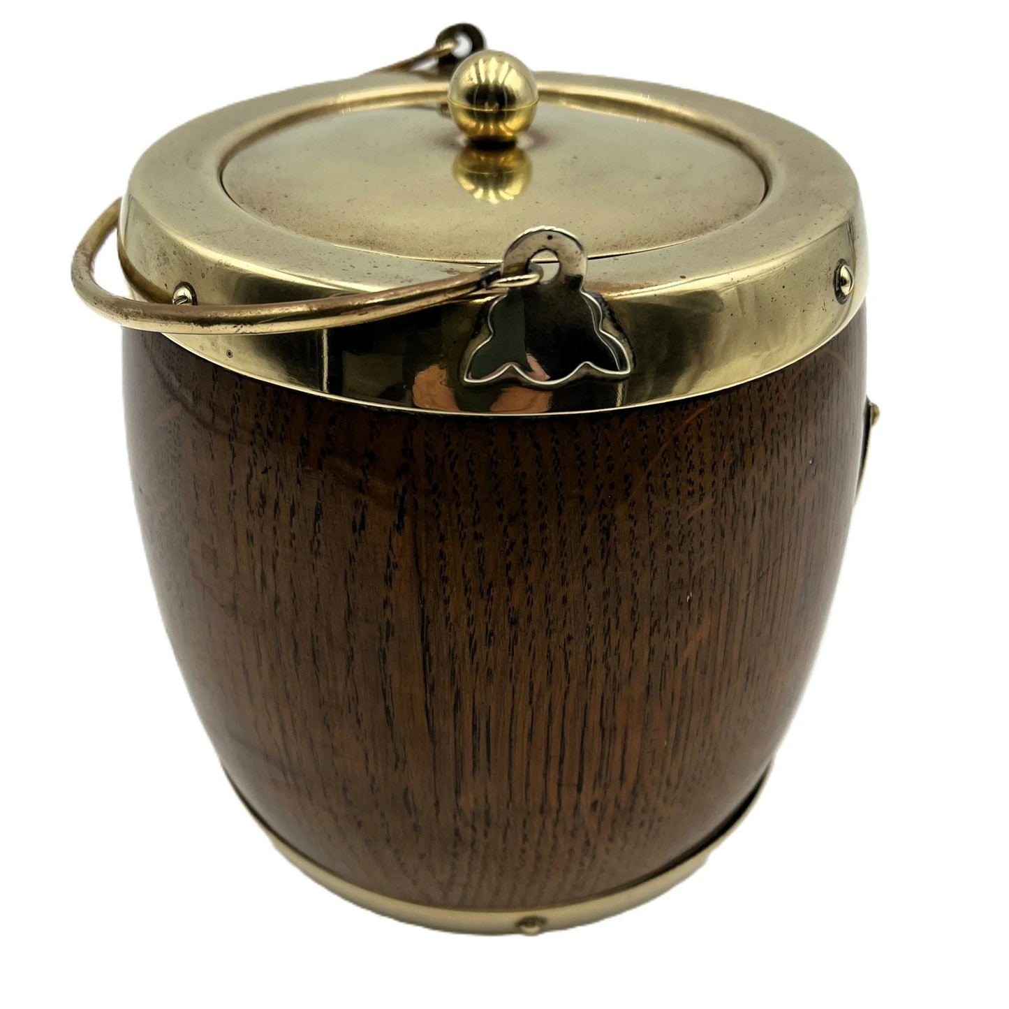 This is an Antique English Oak Biscuit Barrel, Tobacco Jar, or Ice Bucket with a porcelain liner, 