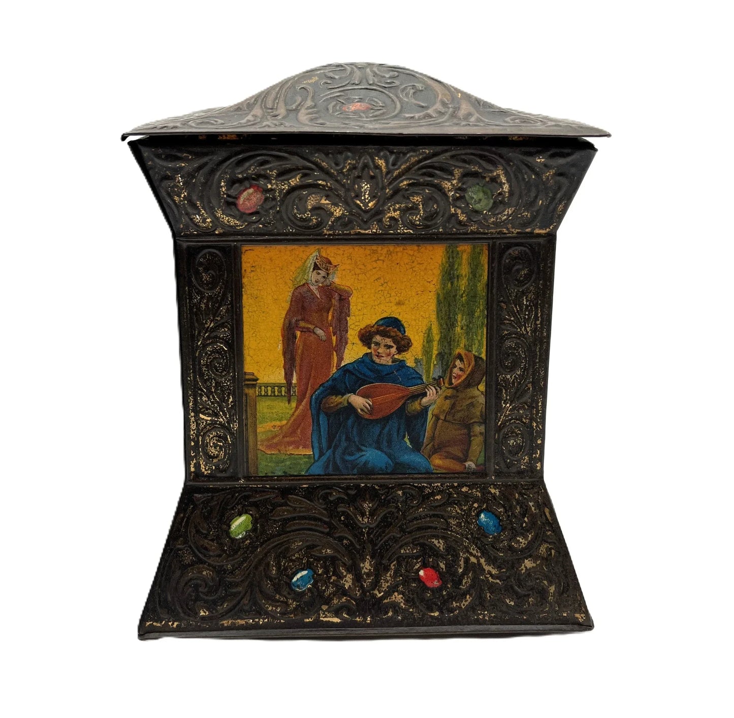 This is an antique John Buchanan & Bros  Ltd, Stewart Street, Cowcaddens, Glasgow confectionery tin. 
