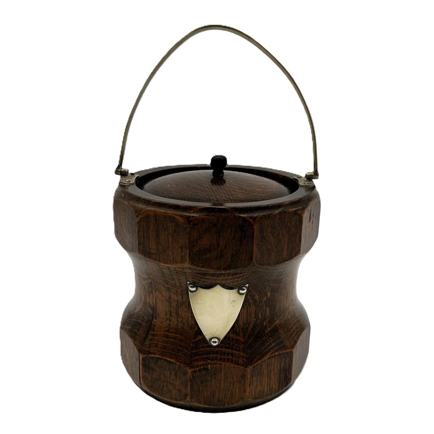 Antique English Oak Biscuit Barrel, sometimes used as an Ice Bucket. It has a white porcelain liner, which is in good condition.