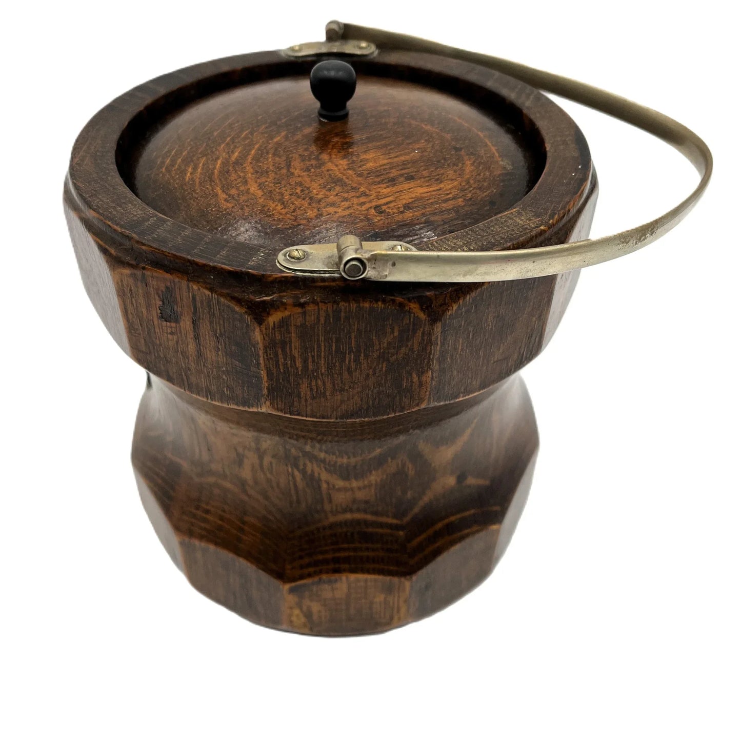 Antique English Oak Biscuit Barrel, sometimes used as an Ice Bucket. It has a white porcelain liner, which is in good condition.