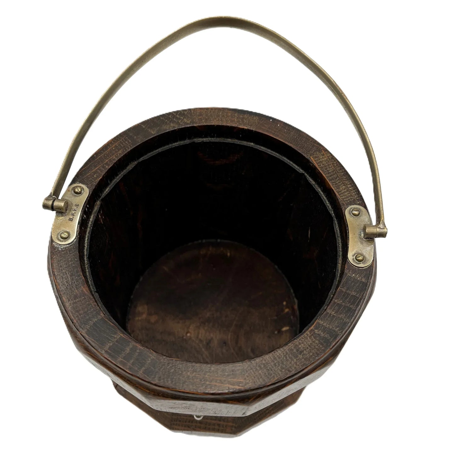 Antique English Oak Biscuit Barrel, sometimes used as an Ice Bucket. It has a white porcelain liner, which is in good condition.