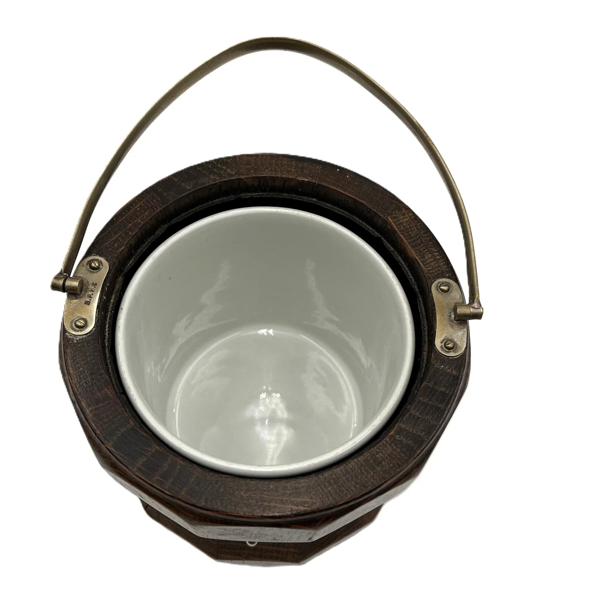 Antique English Oak Biscuit Barrel, sometimes used as an Ice Bucket. It has a white porcelain liner, which is in good condition.