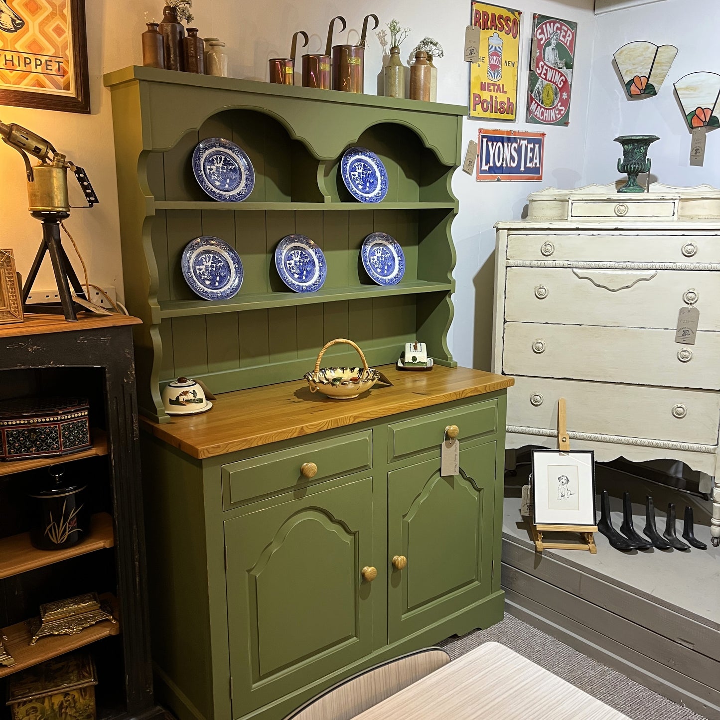 Vintage Olive Painted Lightly Distressed Welsh Dresser