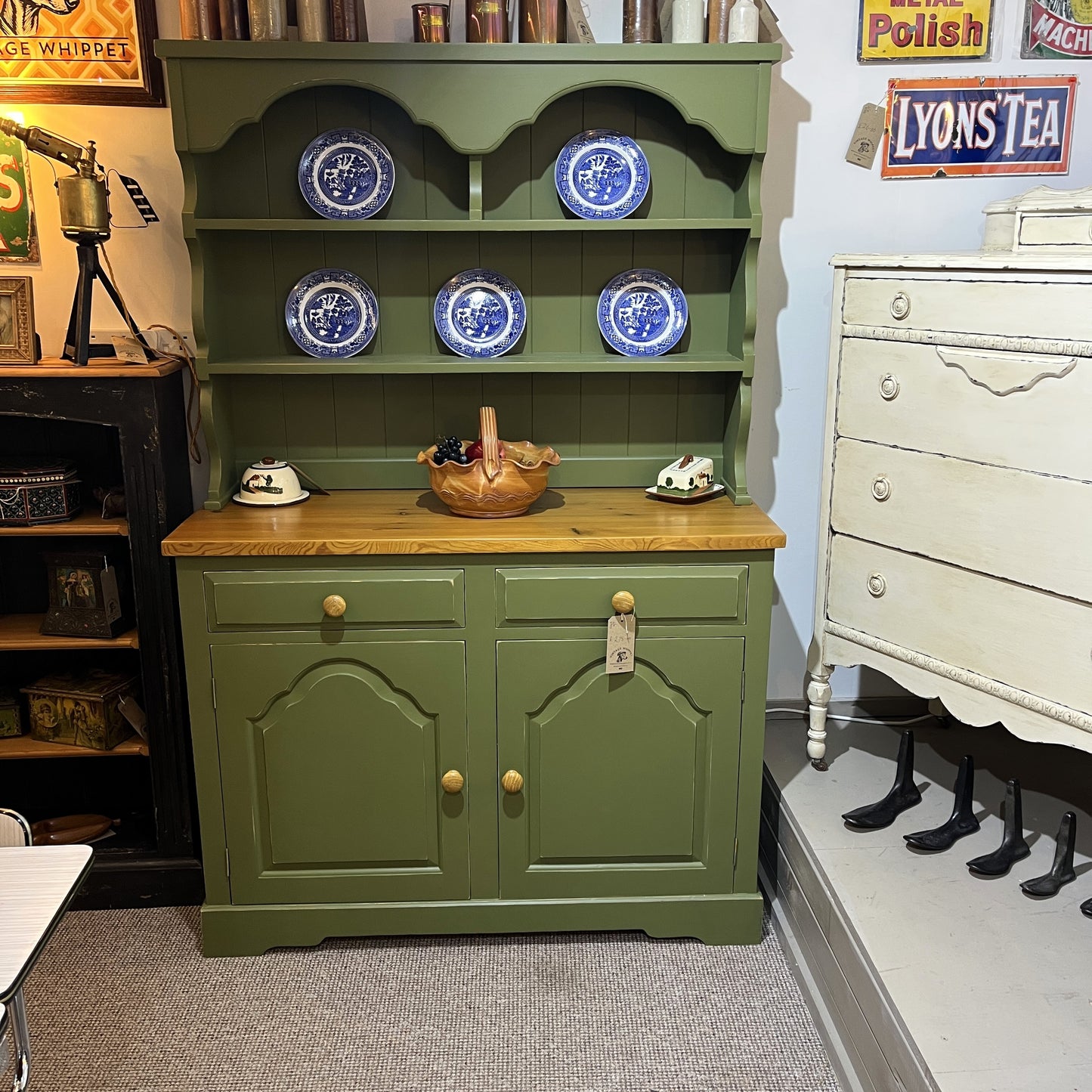Vintage Olive Painted Lightly Distressed Welsh Dresser