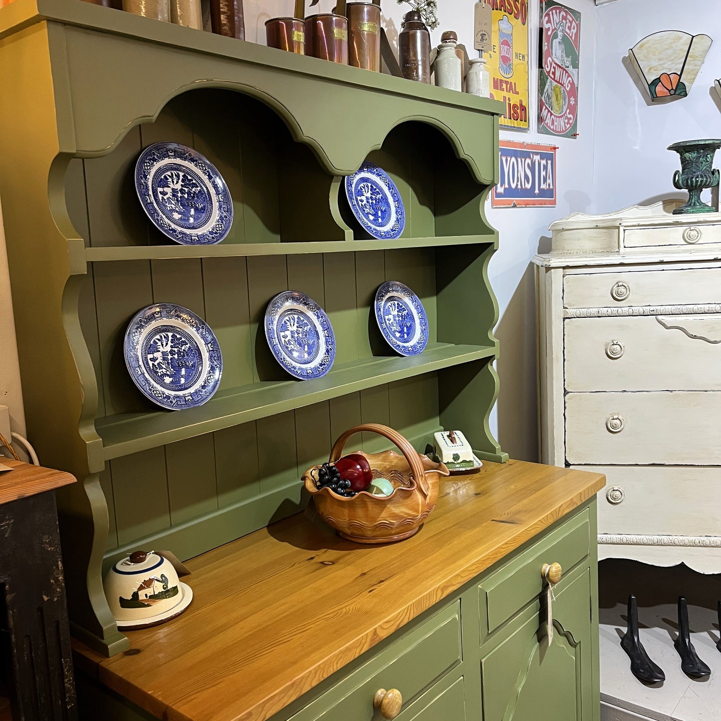 Vintage Olive Painted Lightly Distressed Welsh Dresser