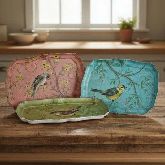 Vintage-Style Bird in Bush set of three decorative trays with bird and floral designs in blue, green and pink.