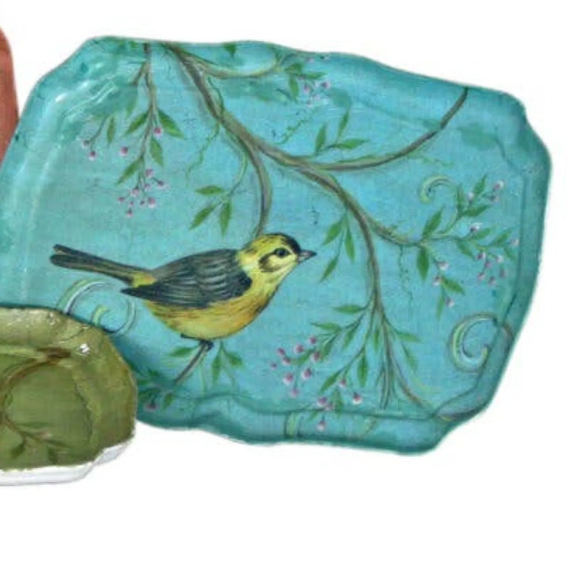 Vintage-Style Bird in Bush set of three decorative trays with bird and floral designs in blue, green and pink.