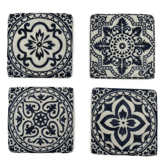 A set of 4 Vintage-style Ceramic Blue Tile Pattern, cork-backed coasters. Inspired by traditional Portuguese and Moroccan patterns