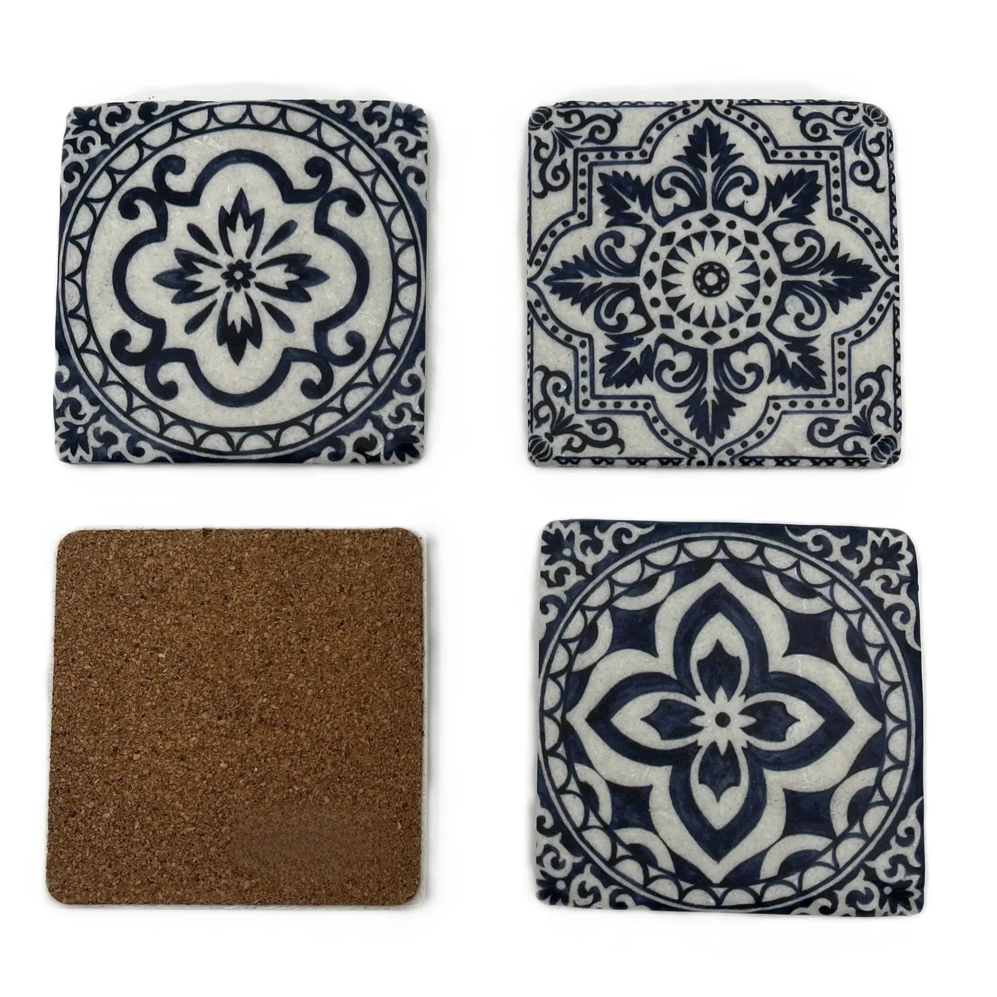 A set of 4 Vintage-style Ceramic Blue Tile Pattern, cork-backed coasters. Inspired by traditional Portuguese and Moroccan patterns