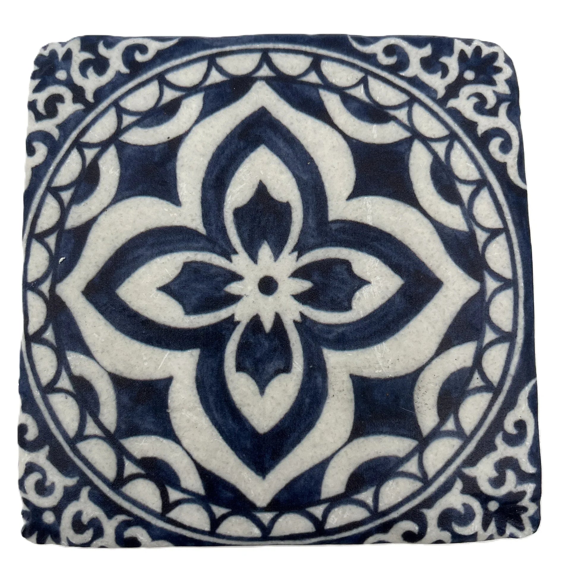 A set of 4 Vintage-style Ceramic Blue Tile Pattern, cork-backed coasters. Inspired by traditional Portuguese and Moroccan patterns