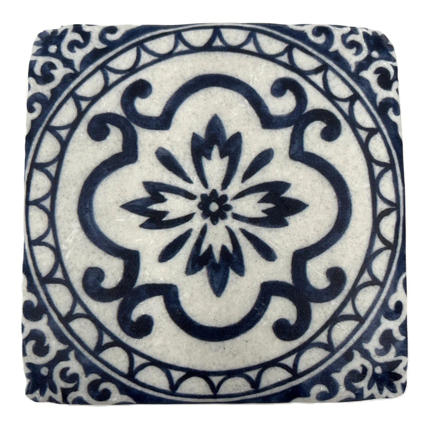 A set of 4 Vintage-style Ceramic Blue Tile Pattern, cork-backed coasters. Inspired by traditional Portuguese and Moroccan patterns