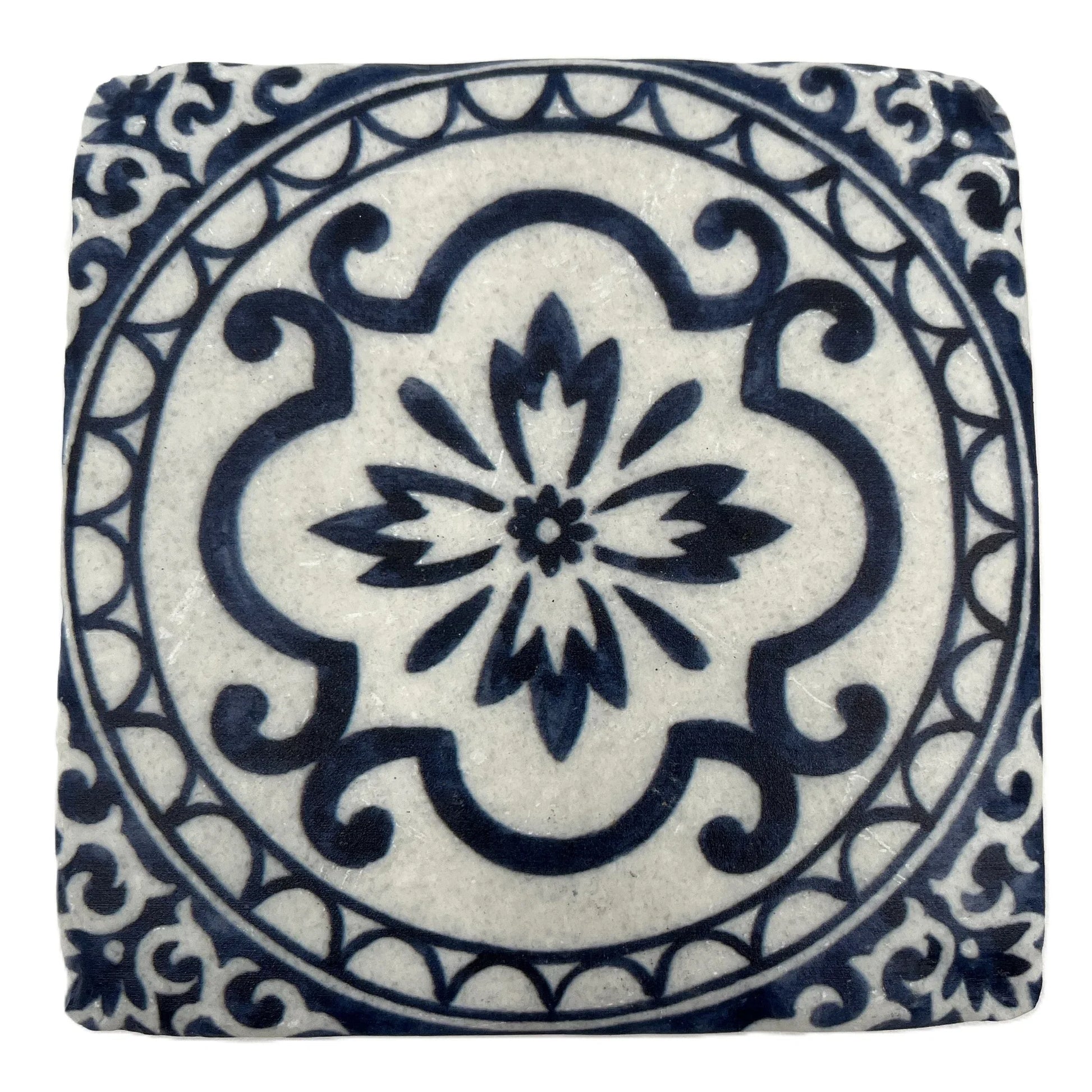 A set of 4 Vintage-style Ceramic Blue Tile Pattern, cork-backed coasters. Inspired by traditional Portuguese and Moroccan patterns