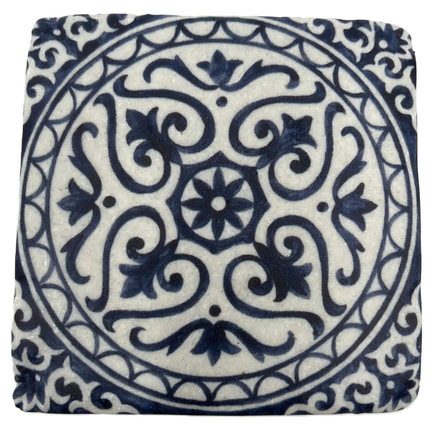 A set of 4 Vintage-style Ceramic Blue Tile Pattern, cork-backed coasters. Inspired by traditional Portuguese and Moroccan patterns