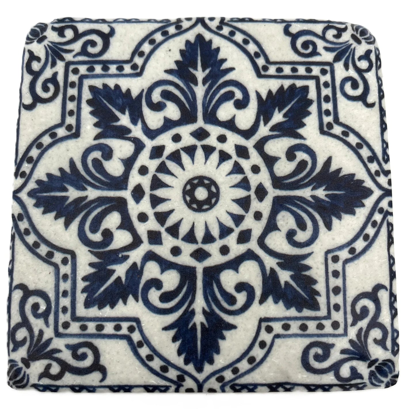 A set of 4 Vintage-style Ceramic Blue Tile Pattern, cork-backed coasters. Inspired by traditional Portuguese and Moroccan patterns