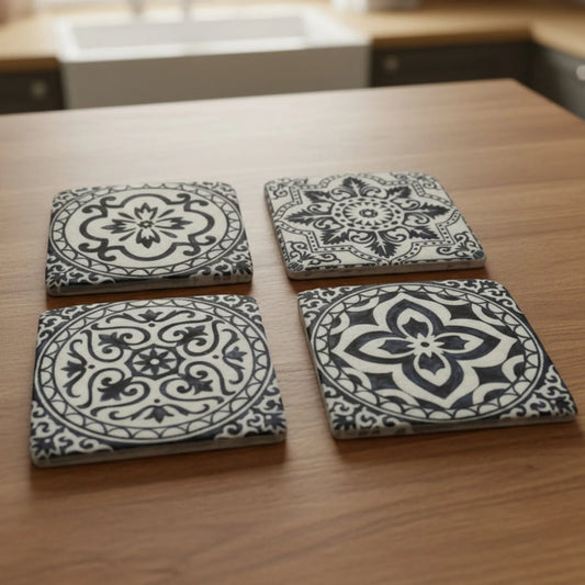 A set of 4 Vintage-style Ceramic Blue Tile Pattern, cork-backed coasters. Inspired by traditional Portuguese and Moroccan patterns