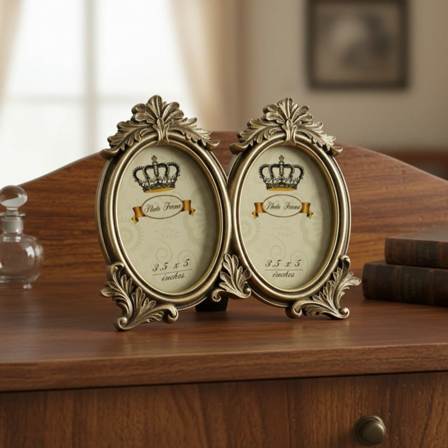This is an elegant vintage-inspired double oval photo frame. Designed with ornate detailing and a distressed antique gold finish, this frame exudes timeless sophistication.