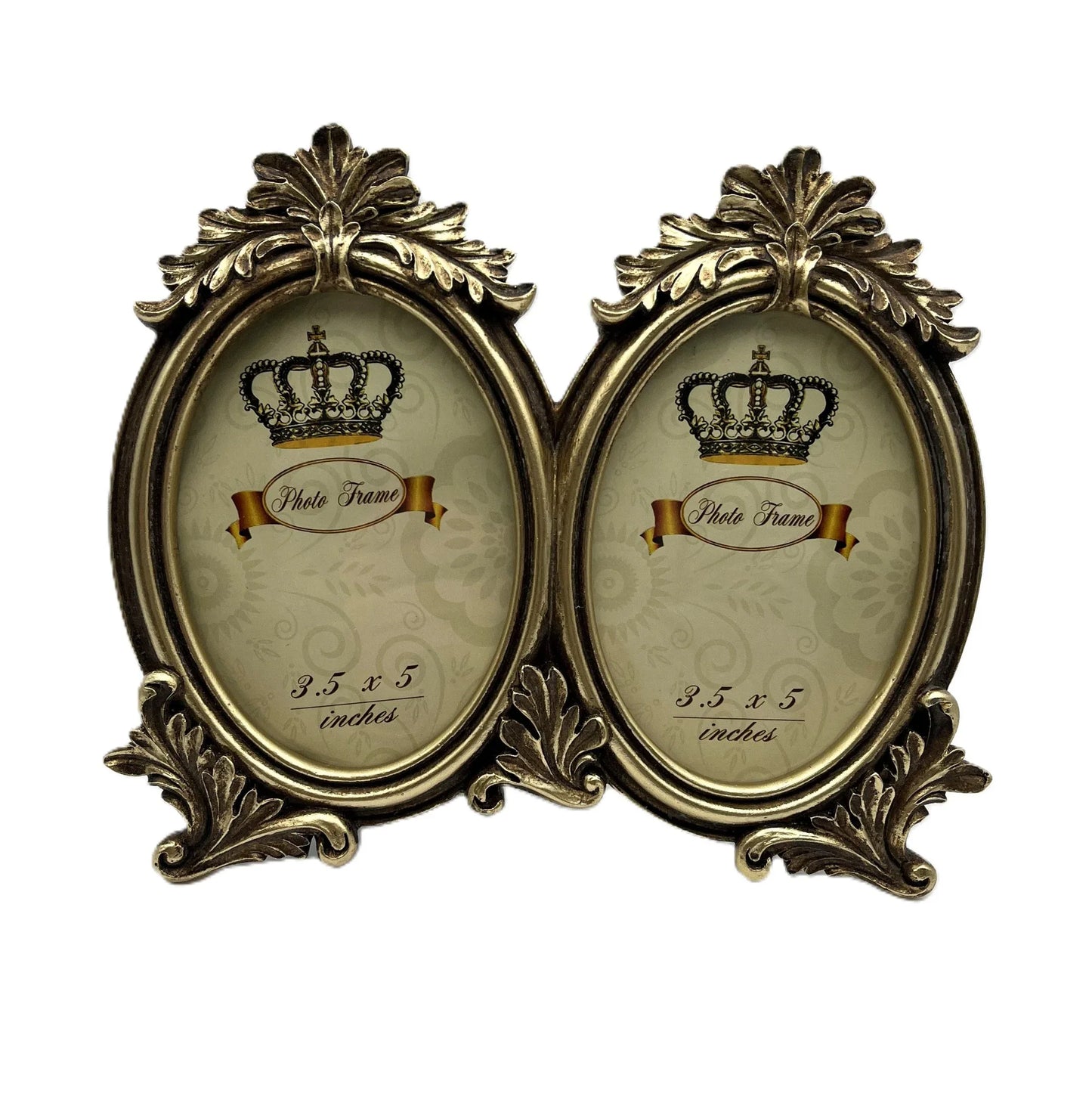 This is an elegant vintage-inspired double oval photo frame. Designed with ornate detailing and a distressed antique gold finish, this frame exudes timeless sophistication.