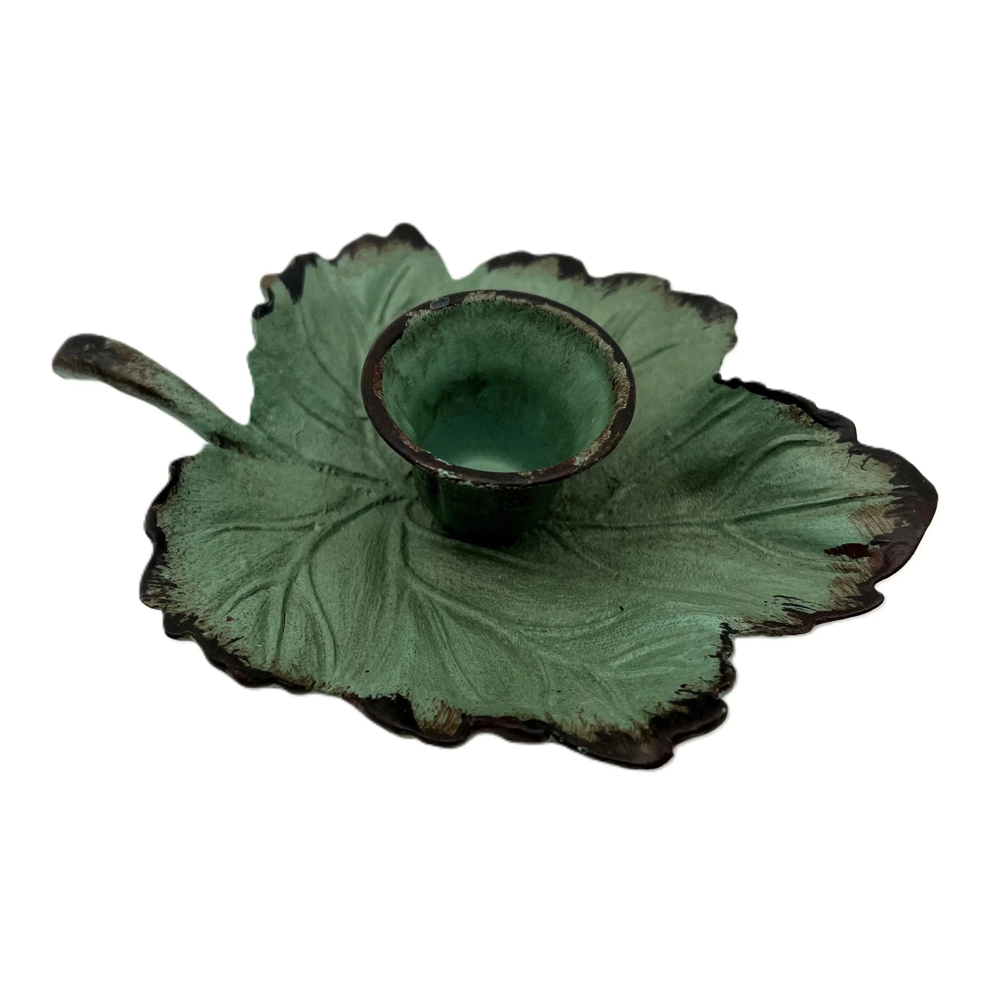 This is a Vintage-Inspired chamber stick candle holder. Made of metal this ivy leaf candle holder has a weathered, rustic, or distressed green patina finish with dark edges. 