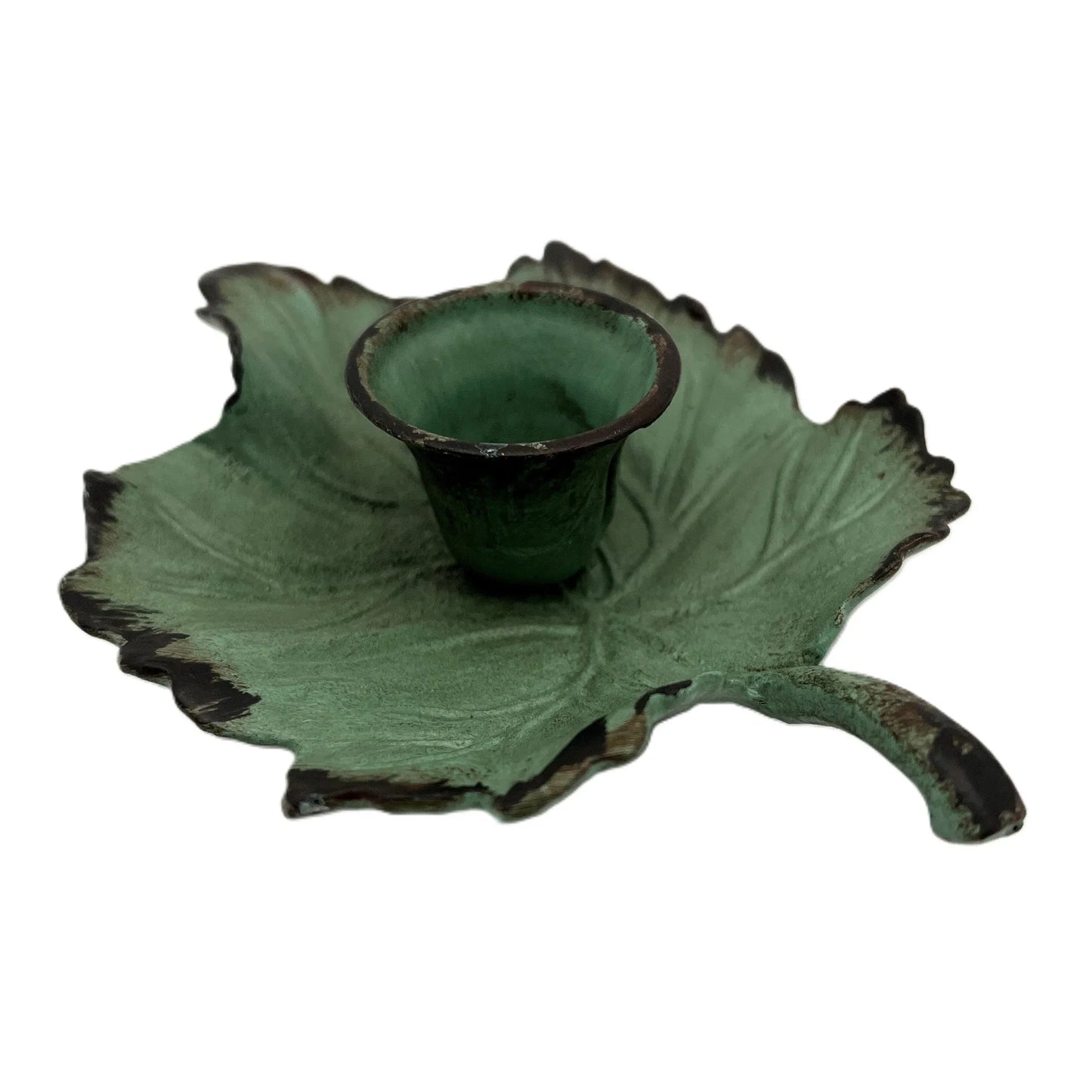 This is a Vintage-Inspired chamber stick candle holder. Made of metal this ivy leaf candle holder has a weathered, rustic, or distressed green patina finish with dark edges. 