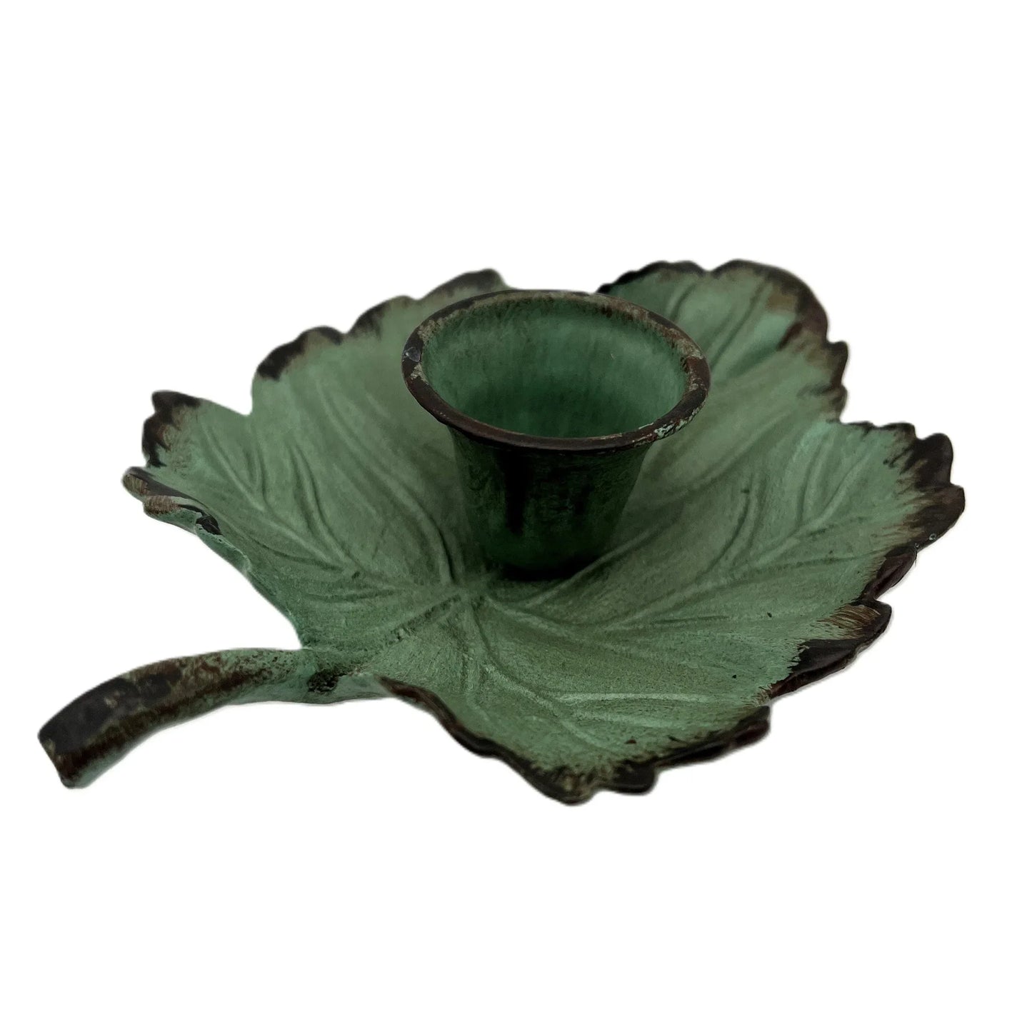 This is a Vintage-Inspired chamber stick candle holder. Made of metal this ivy leaf candle holder has a weathered, rustic, or distressed green patina finish with dark edges. 