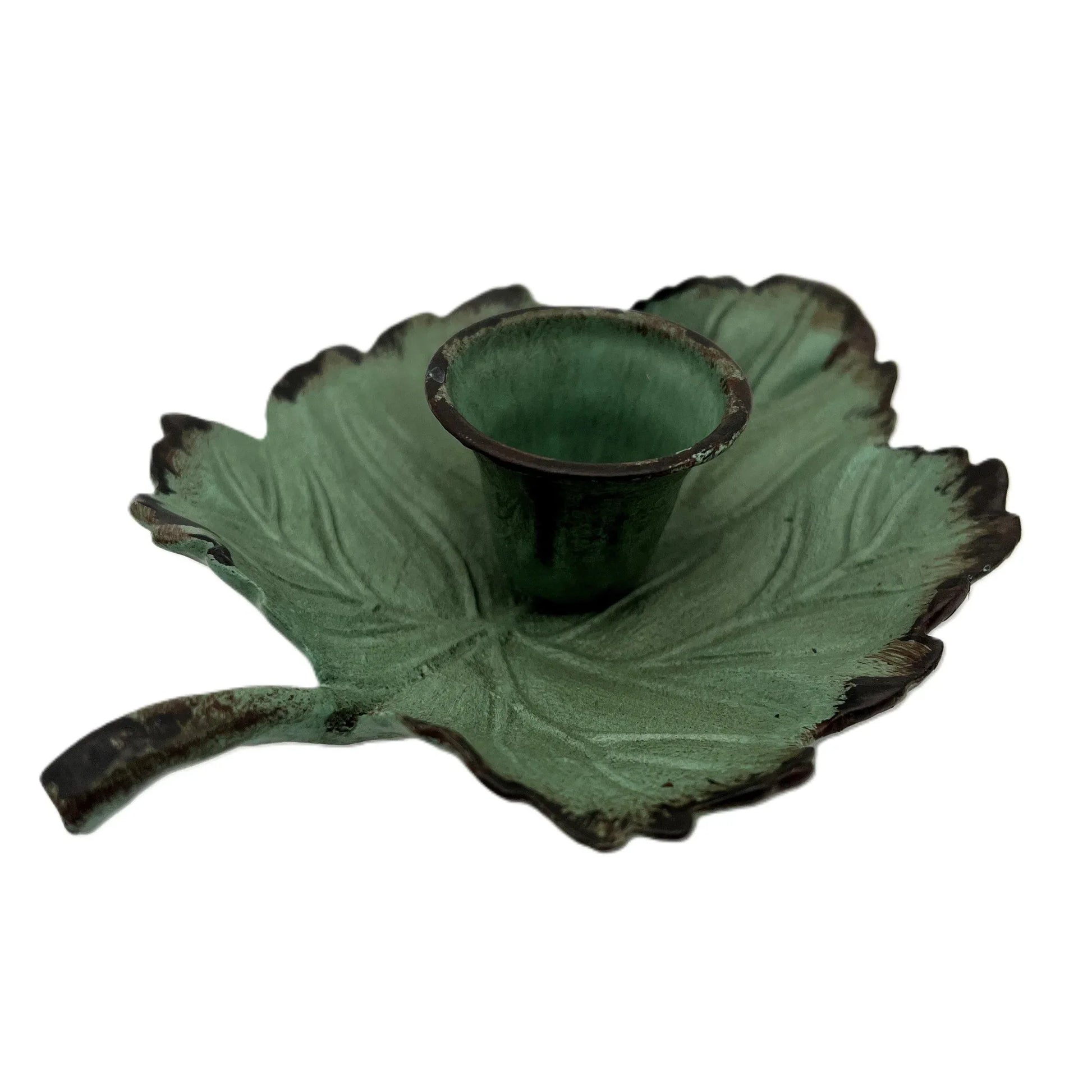 This is a Vintage-Inspired chamber stick candle holder. Made of metal this ivy leaf candle holder has a weathered, rustic, or distressed green patina finish with dark edges. 