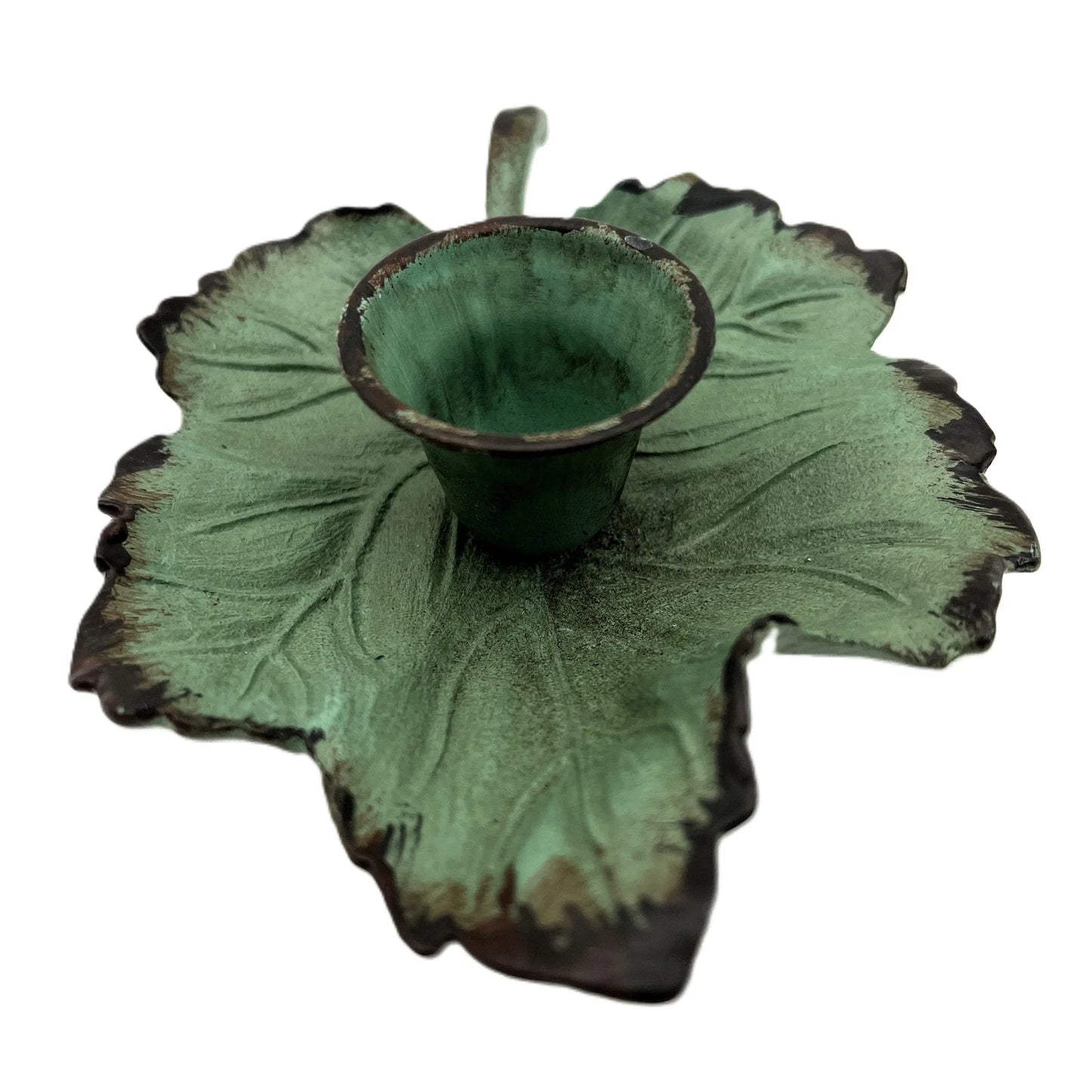 This is a Vintage-Inspired chamber stick candle holder. Made of metal this ivy leaf candle holder has a weathered, rustic, or distressed green patina finish with dark edges. 