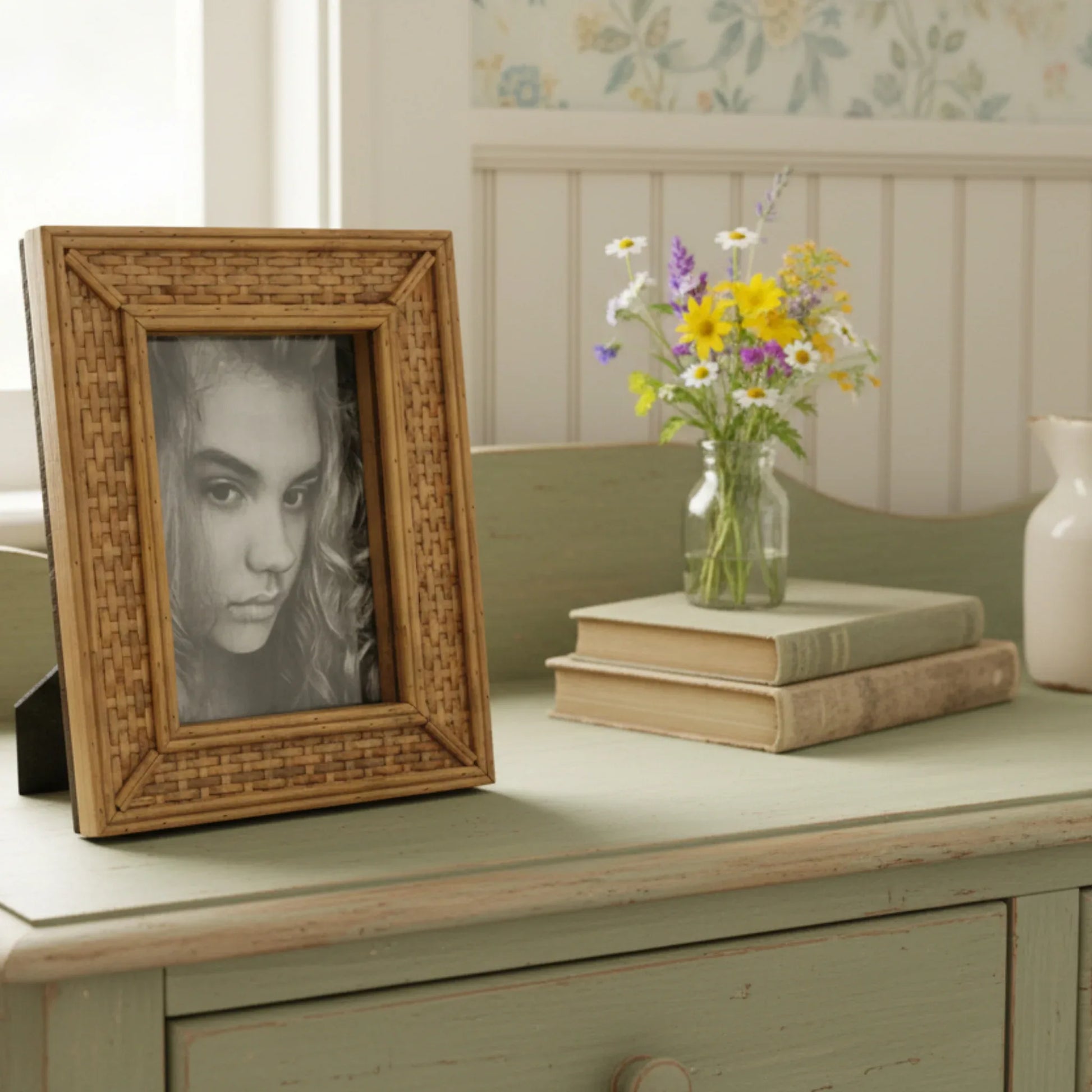 This frame, crafted from rattan, adds a touch of traditional country house charm to any home