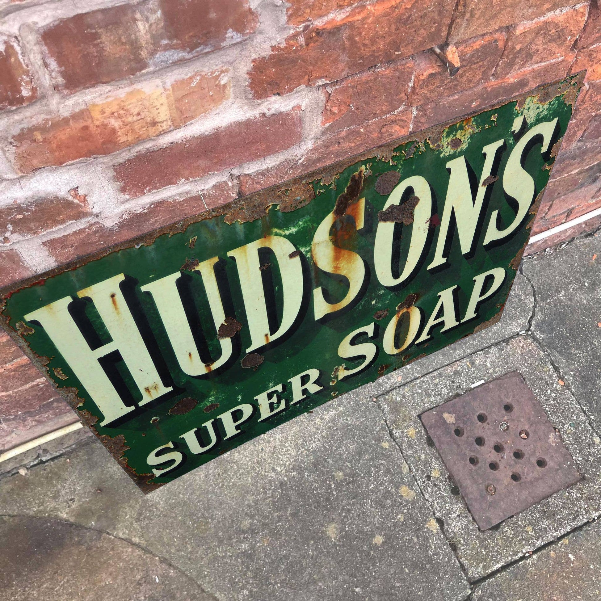 Vintage-Style 'Hudson's Super Soap' sign against a brick wall from Vintage Whippet