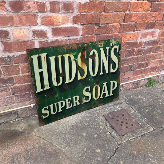 Vintage-Style 'Hudson's Super Soap' Sign against a brick wall from Vintage Whippet
