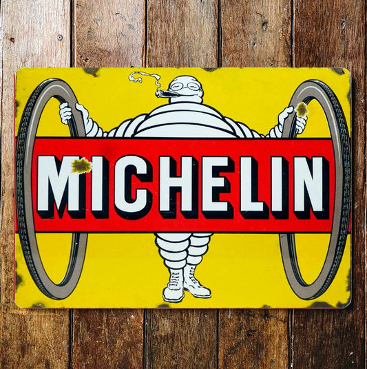 Vintage-Style Michelin logo Sign on a wooden surface, from Vintage Whippet