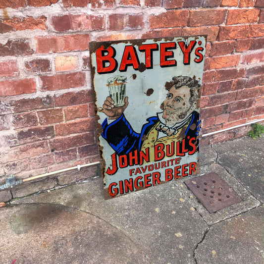 Vintage-Style sign for Batey's John Bull's Ginger Beer against a brick wall, from Vintage.Whippet