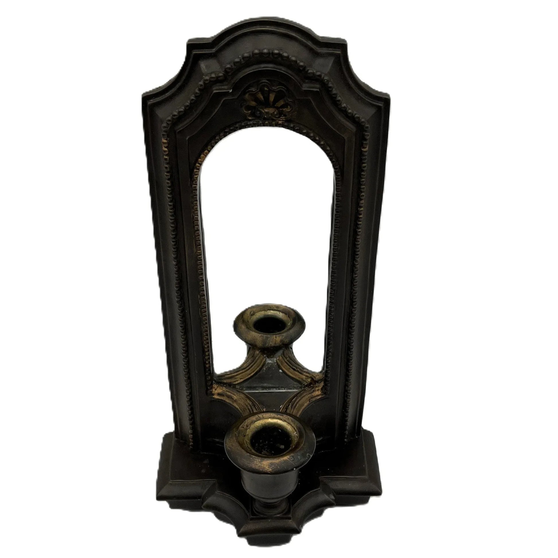 This is a used heavy, vintage-style mirrored wall candle sconce in a bronze-like finish. It has lovely detailing with worn gold accents. It has a felt back with a ring for hanging.
