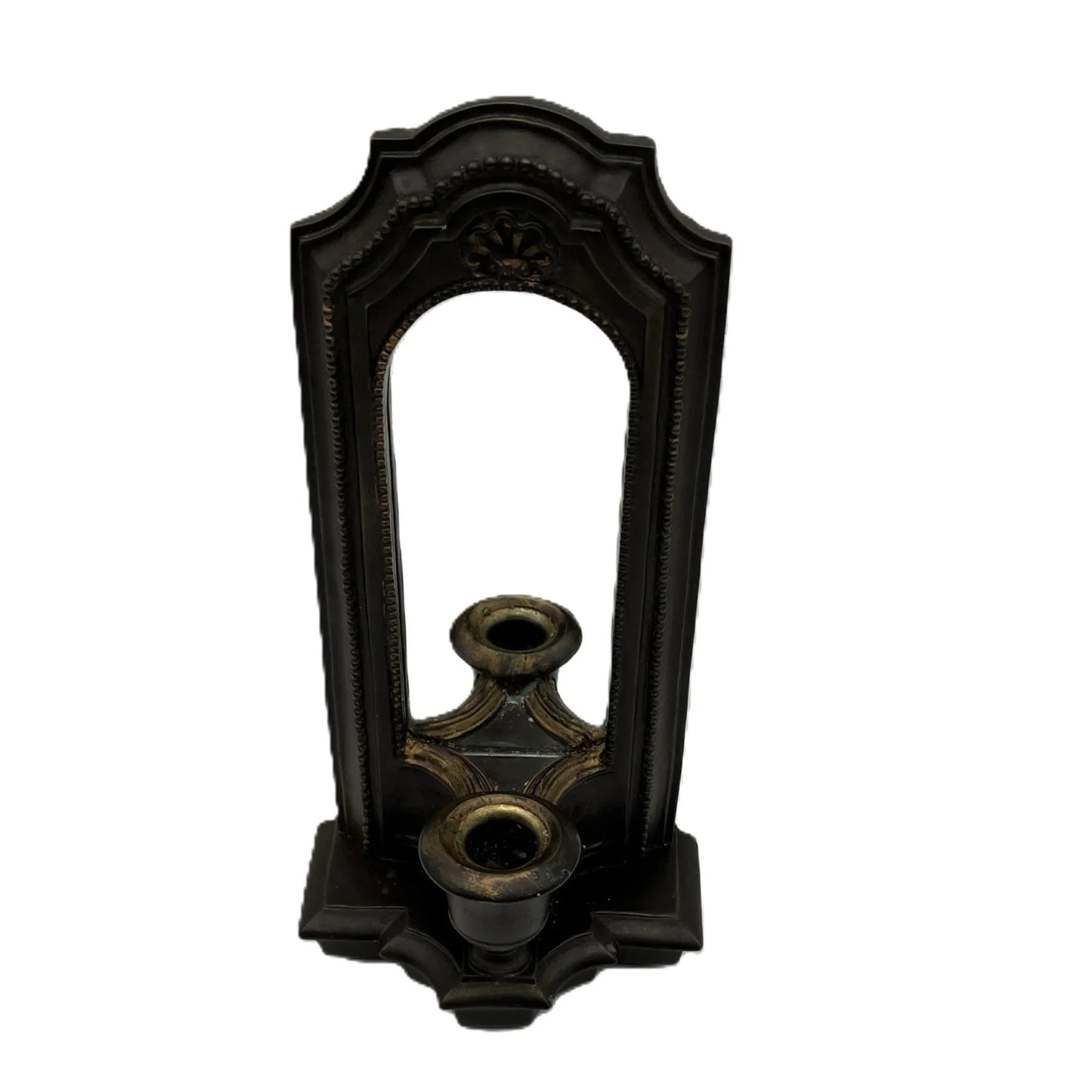 This is a used heavy, vintage-style mirrored wall candle sconce in a bronze-like finish. It has lovely detailing with worn gold accents. It has a felt back with a ring for hanging.