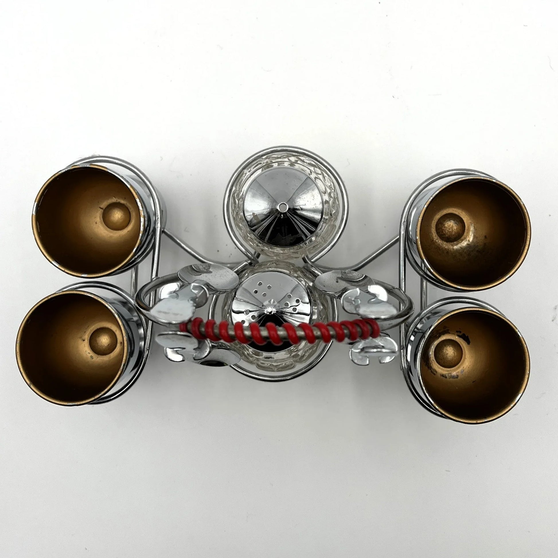 vintage 1960s egg cup holder with 4 egg cups, Salt and Pepper pots and 4 spoons. 