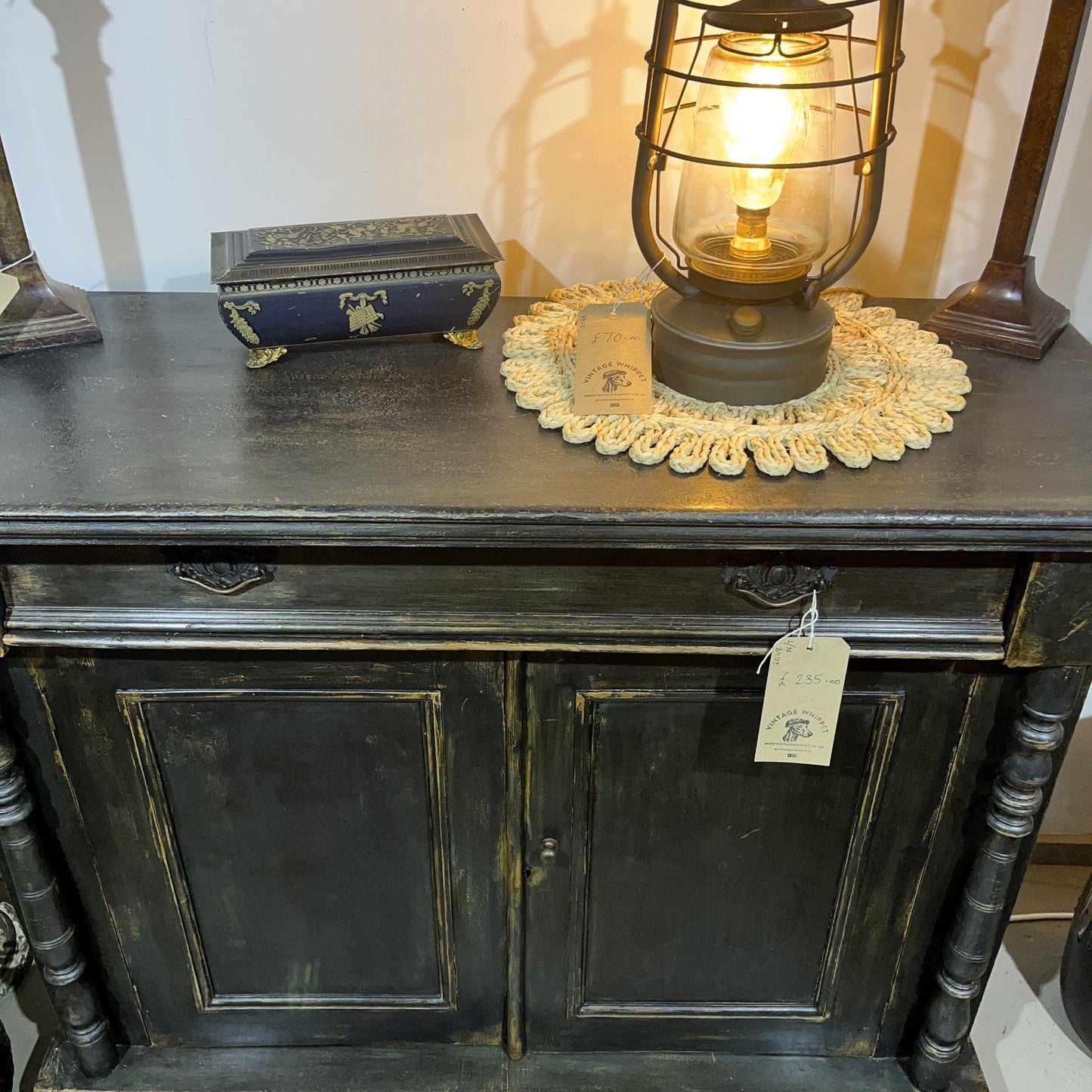 This is an old vintage painted sideboard. It has been cleaned inside and out, properly prepared, and the exterior painted with a paint finish to give an aged patina effect.